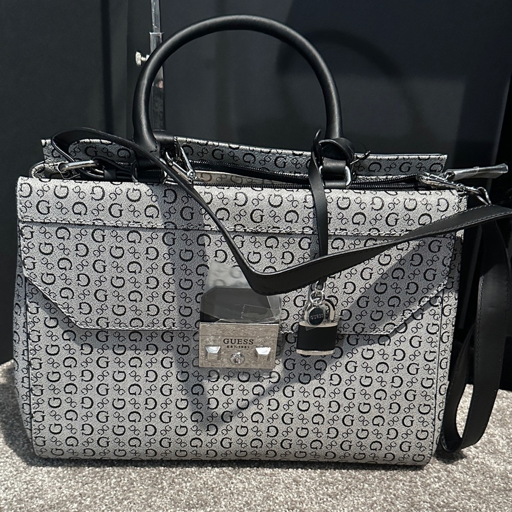 GUESS Black and Gray Monogram Satchel